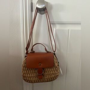 Small raffia and brown camel leather top handle or strap shoulder bag